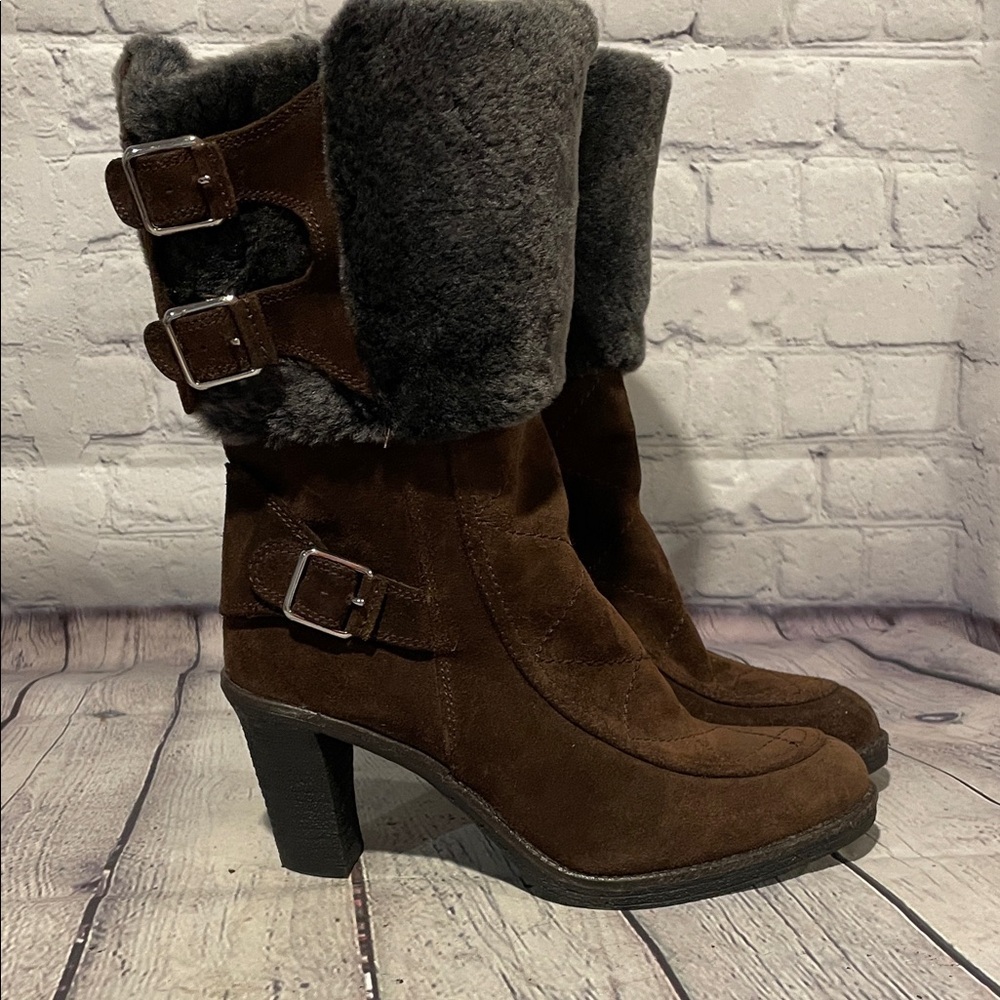 Johnston & Murphy Brown Suede Heeled Boots with Fur Trim 8.5